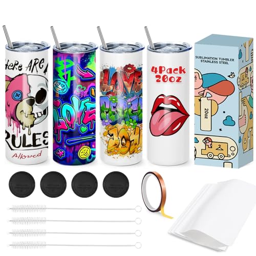 Cafultgo Set von 4 Sublimation Blanks Skinny Tumbler 20 OZ White Straight Bulk Edelstahl Tumbler, mit Deckel und Stroh, Schrumpffolie, einzeln verpackt, hitzebeständiges Band, Blank White von Cafultgo
