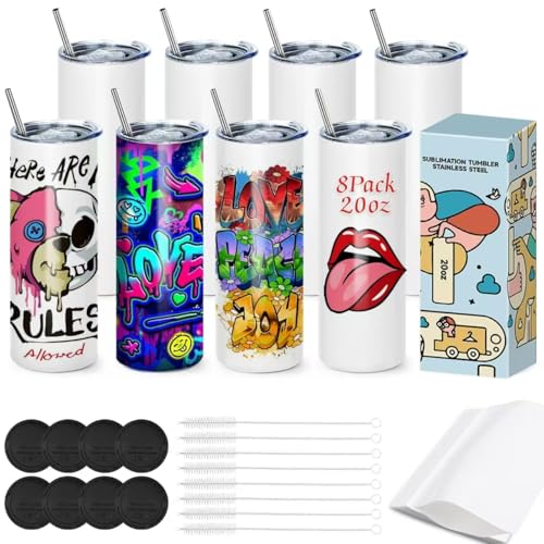 Cafultgo Set von 8 Sublimation Blanks Skinny Tumbler 20 OZ White Straight Bulk Edelstahl Tumbler, mit Deckel und Stroh, Schrumpffolie, einzeln verpackt, Blank White von Cafultgo