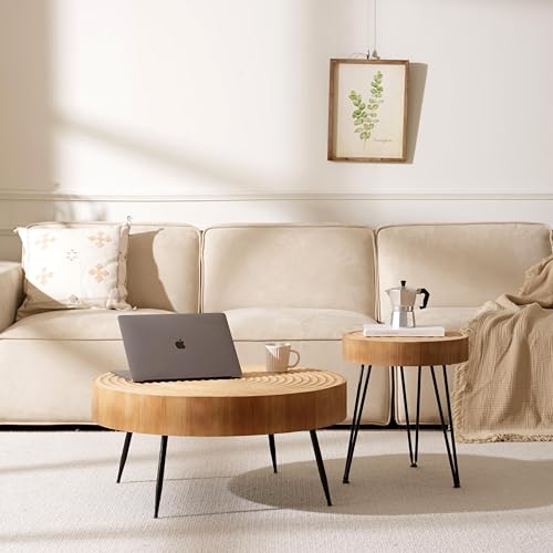 Cagnolier Couchtisch Rund, 2er Set Beistelltisch aus Holz in Form eines Jahresrades, Wohnzimmertisch mit schwarzen Metallbeinen, Sofatisch im Wohnzimmer, Coffee Table ø40×47cm mit ø77×36cm von Cagnolier