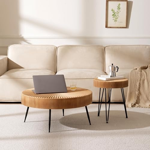 Cagnolier Couchtisch Rund, 2er Set Beistelltisch aus Holz mit linearem Design, Wohnzimmertisch mit schwarzen Metallbeinen, Sofatisch im Wohnzimmer, Coffee Table ø40×47cm mit ø80×36cm von Cagnolier