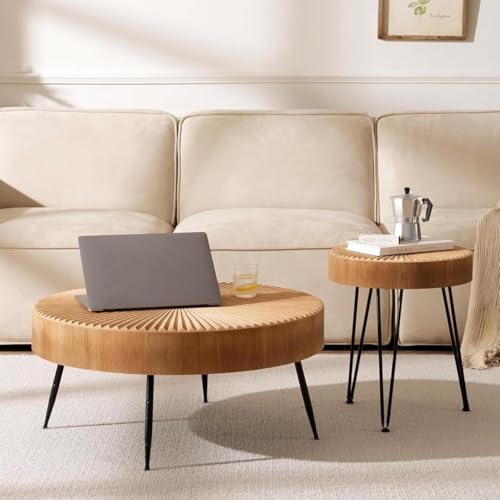 Cagnolier Wohnzimmertisch Rund 2er Set, 2er Couchtisch Runder aus Holz in linearem Design, Tisch Rund mit Schwarzen Metallbeinen, Sofatisch im Wohnzimmer, Coffee Table ø80x36cm mit 40x47cm von Cagnolier