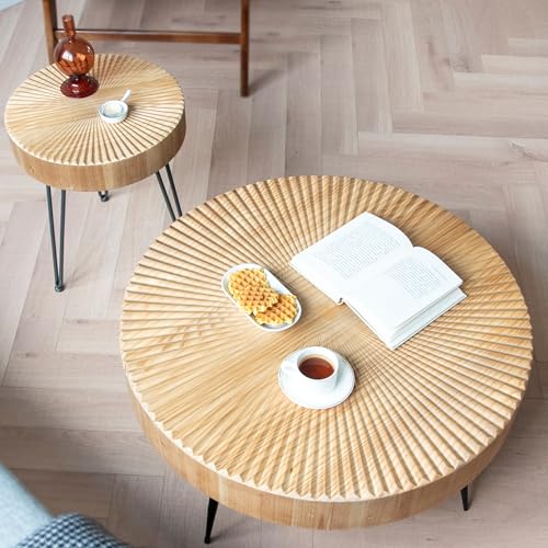 Cagnolier Round Wood Coffee Table Side End Tables,Metal Leg, Circle Natural Handcrafted Table for Living Room Bedroom (Radial-2 Pcs-Φ80*36cm+Φ40*46cm) von Cagnolier