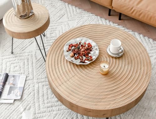 Cagnolier Round Wood Coffee Table Side End Tables,Metal Leg, Circle Natural Handcrafted Table for Living Room Bedroom (Round-2 Pcs-Φ80*36cm+Φ40*46cm) von Cagnolier
