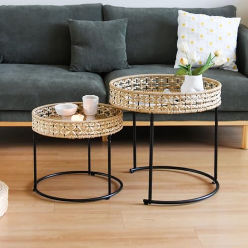 Cagnolier Runder Beistelltisch 2er Set, Rattan-Beistelltisch Runder Stoßfestes Design, Couchtisch geeignet für Wohnzimmer Handgeflochtener Couchtisch, Outdoor Tisch Ø55 x 54 cm Ø45 x 40 cm Cagnolier Runder Beistelltisch 2er Set, Rattan-Beistelltisch Runder Stoßfestes Design, Couchtisch geeignet für Wohnzimmer Handgeflochtener Couchtisch, Outdoor Tisch Ø55 x 54 cm Ø45 x 40 cm von Cagnolier