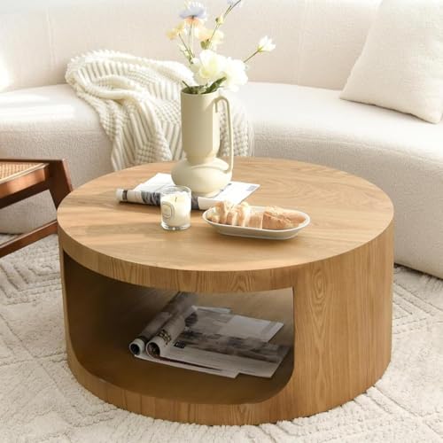 Couchtisch Rund Holz, Runde Wohnzimmertisch 2-Tier, Natur Rustikal Kaffeetische, Tisch mit Stauraum, für Wohnzimmer Schlafzimmer, Vollständig Zusammengebaut Wohnzimmertische,Ø80x36cm (Naturholzton) von Cagnolier