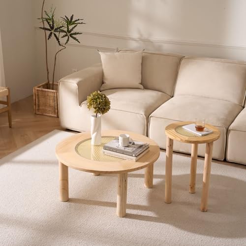Kiefernholz Massivholz Rundes Couchtisch mit Sicherheitsglas und Rattan-Optik,2 Größen (2-SetØ40+Ø80cm),Natürliche Design Rundtisch, Beistelltisch, Holztisch für Wohnzimmer & Balkon von Cagnolier
