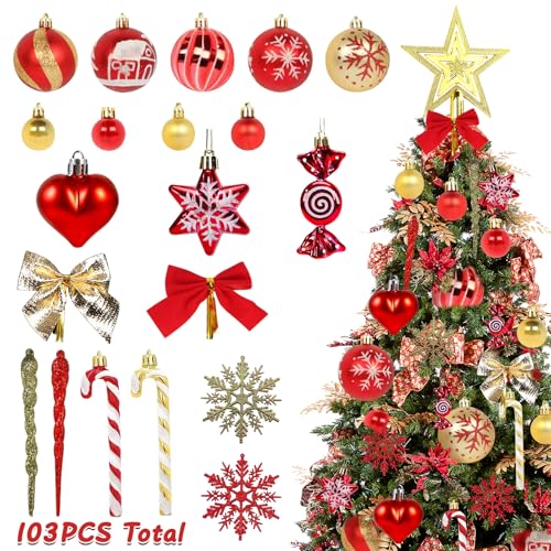 CaiTang Weihnachtsdeko Weihnachtskugeln,103 Stück Weihnachtskugeln Kunststoff Rot Gold mit Baumspitze Stern, Weihnachtsbaumschmuck Set Schneeflocke mit Liebe,Christbaumkugeln Mehrweg von CaiTang