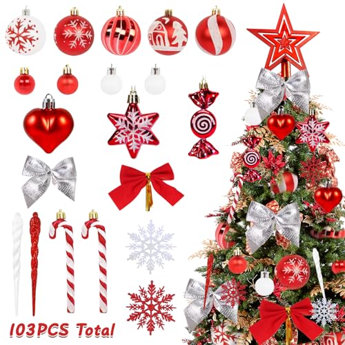 CaiTang Weihnachtsdeko Weihnachtskugeln,103 Stück Weihnachtskugeln Kunststoff Rot Weiß mit Baumspitze Stern, Weihnachtsbaumschmuck Set Schneeflocke mit Liebe,Christbaumkugeln Mehrweg von CaiTang