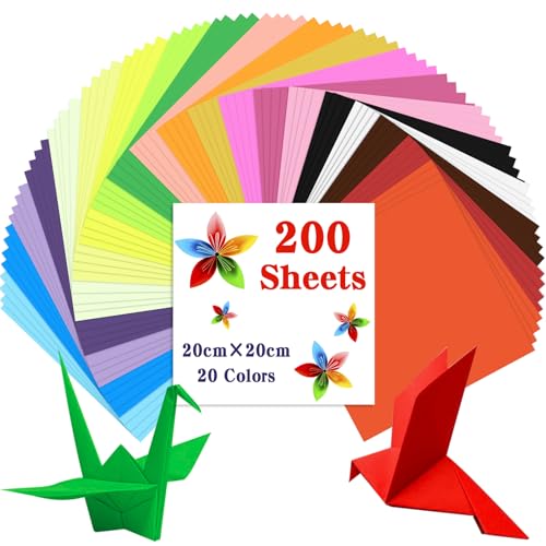 200 Blatt Origami Papier 20 x 20 cm, Caianwin 70 g/m² 20 Farben Buntes Papier Quadratisch Faltpapier für Haus, Schule, Kunstprojekte und Partys handgemachte DIY Origami von Caianwin