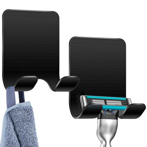 Caianwin 2 Stück Rasierer Halterung Dusche Selbstklebend Haken Schwarz Rasierhalter Dusche Edelstahl Klebehaken, Bad und Küche Handtuchhalter ohne Bohren von Caianwin