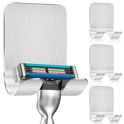 Caianwin 4 Stück Rasierer Halterung Dusche Selbstklebend Haken Rasierhalter Dusche Edelstahl Klebehaken, Bad und Küche Handtuchhalter ohne Bohren Silber von Caianwin
