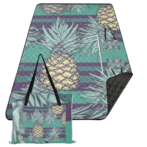 Caihoyu Camping-Teppich, sandresistent, Gras, tragbare Spielmatte für Outdoor-Menschen, Paare, Geschenk, nahtlose Illustration von Ananas auf grünem Hintergrund von Caihoyu