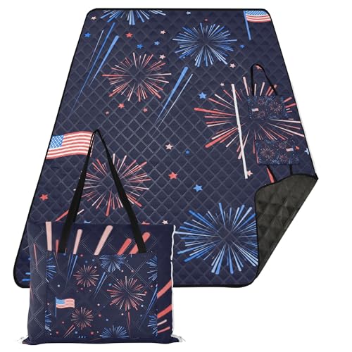 Caihoyu Picknick-Matte, faltbar, für Gras, Konzertdecke, Feuerwerk, Sterne, amerikanische Nationalflagge, 4. Juli von Caihoyu