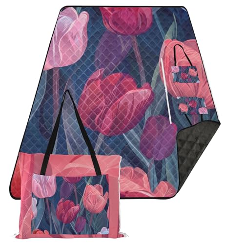 Caihoyu Strand-Picknickdecke, SoftLawnTragbare Decke für Kinder, Frühlingsgeschenke, nahtloses Muster mit Tulpen von Caihoyu