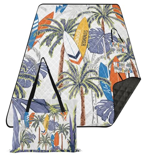 Caihoyu Stranddecken, SoftLawnTragbare Decke für Kinder, Sommergeschenk, Meer, Sommer, Palme, tropische Bäume, Inseln, Blätter, Surfbretter von Caihoyu