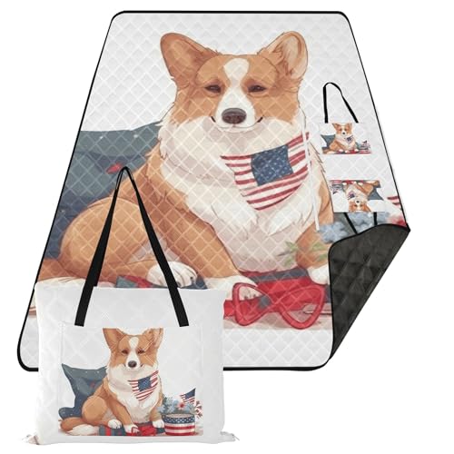 Campingdecke, SoftOutdoor-PartyPark-Decken, wasserdicht, faltbar, für 8 bis 10 Erwachsene, Konzertdecke, niedlicher Hund mit amerikanischer Flagge, Unabhängigkeitstag, Themen-Flagge, Dekoration, von Caihoyu