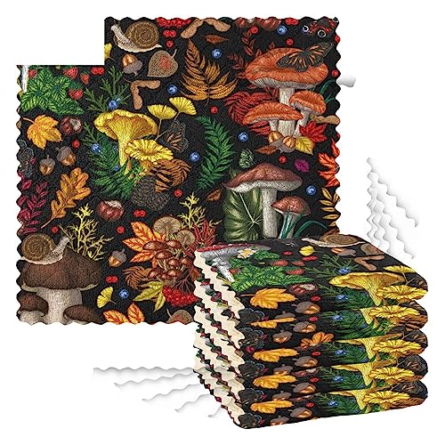 Küchen-Geschirrtücher, 6 Stück, Reinigungstücher zum Trocknen von Geschirr, Schrubben, Waschlappen für Spüle, Kochen, Backtisch, 27,9 x 27,9 cm, nahtloses Muster, Pilze, Pflanzen, Insekten von Caihoyu