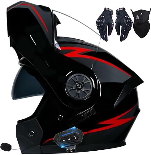 Bluetooth Integrated Flip Vordermotorbike Helme ECE/DOT zugelassene Anti-Fog-Doppelvisoren Crash Racing Motorrad Helm Rauschunterdrückung Ventilation L,L=59-60cm von Caimcie