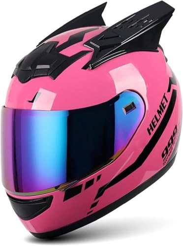 Caimcie Integralhelm für Motorradfahrer, Integralhelm für Erwachsene mit Katzenohren, ECE/DOT-Zertifiziert, modischer Integralhelm mit Sonnenblende, Motocross-Helm für Männer und Frauen E,L=57-59cm von Caimcie