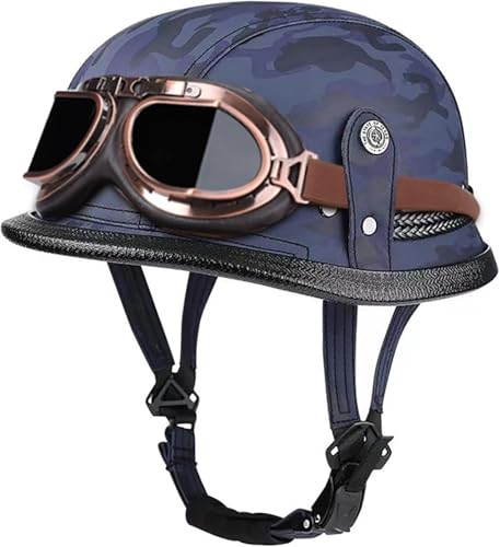 Caimcie Motorrad-Hemisphärenhelm DOT/ECE-geprüfter Cap-Halbschalenhelm+Brille Retro-Jethelm mit Verstellbarer Schnellverschlussschnalle, für Cruiser-Scooter A,XL=60-61cm von Caimcie