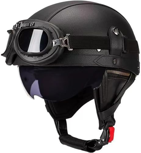 Caimcie Vintage Deutscher Leder-Motorrad-Halbhelm, ECE/DOT-zugelassene Herren-/Damen-Halbschalenhelme mit Schutzbrille und Visier, Retro-Offener Schutzhelm F,L=59-60cm Caimcie Vintage Deutscher Leder-Motorrad-Halbhelm, ECE/DOT-zugelassene Herren-/Damen-Halbschalenhelme mit Schutzbrille und Visier, Retro-Offener Schutzhelm F,L=59-60cm von Caimcie
