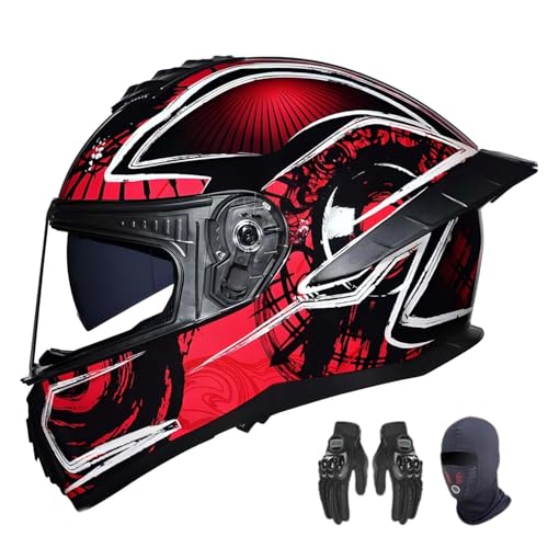Integralhelm für Motorradfahrer, ECE/DOT-zugelassener Integralhelm für Motorradfahrer für Herren, Lieferung mit Handschuhen und Maske, Rollerhelme für Herren mit Antibeschlag-Doppelvisier E,XL=61-62cm von Caimcie
