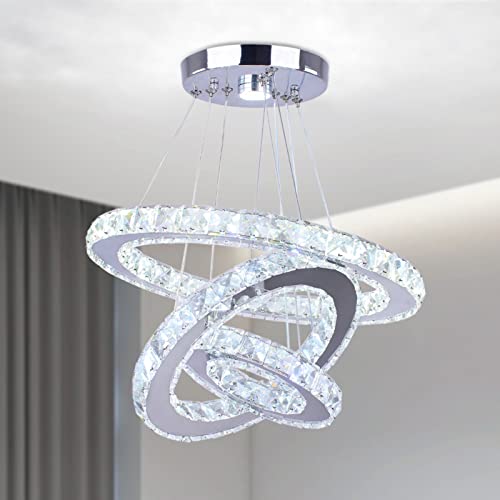 Cainjiazh Moderne Kristall-Kronleuchter 3 Ringe Runde LED-Kronleuchter Leuchten DIY Pendelleuchte Edelstahl einstellbare Kronleuchter Deckenleuchte für Esszimmer Schlafzimmer Wohnzimmer (Cool White) von Cainjiazh