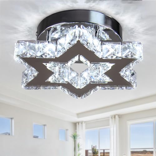 Cainjiazh Moderne LED Kristall Kronleuchter Edelstahl Mini Deckenleuchte Stern Flush Mount Deckenleuchte für Schlafzimmer Esszimmer Flur Insel (kühles Weiß) von Cainjiazh