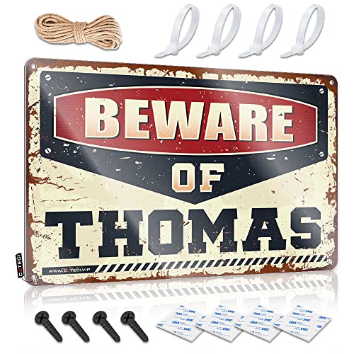 Blechschild "Beware of Thomas" mit Aufschrift "Beware of Thomas", offene Schilder für Zuhause, Bar, Hinterhof, Bar, Schild (Größe: 20 x 30 cm) von CakJuice