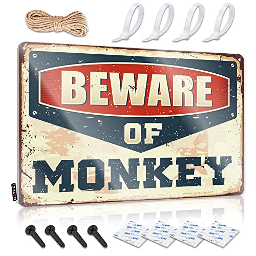 Blechschilder mit Aufschrift "Beware of Monkey", Metallschild, Tiki-Bar-Schilder und Dekoration, Vintage-Geschenke für Männer (Größe: 20 x 30 cm) von CakJuice