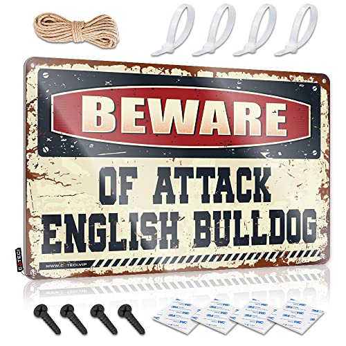 CakJuice Bar-Poster "Beware of Attack", englische Bulldogge, Blechschild, Outdoor-Wanddekoration, Pool-Dekorationen, für den Außenbereich (Größe: 20 x 30 cm) von CakJuice