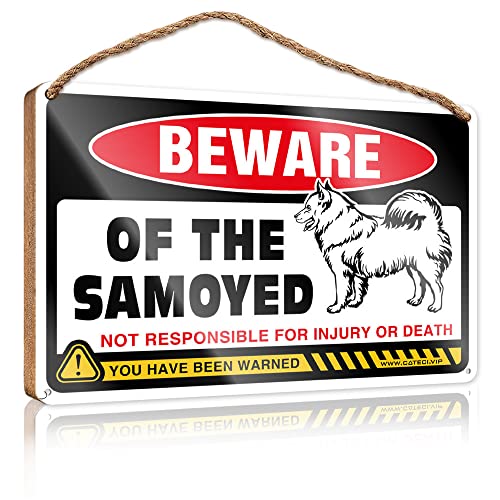 CakJuice Holz-Türschild "Beware of Samoyed", rustikales Badezimmerschild, Poolsachen, Größe: 15 x 28 cm von CakJuice