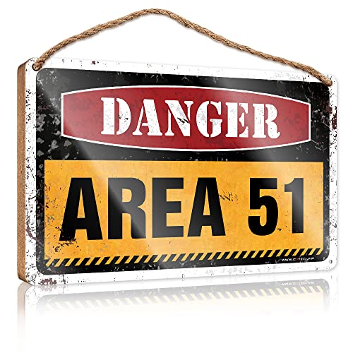 CakJuice Holz-Türschild mit Aufschrift "Warning Area 51 No Trespassing", rustikales Badezimmerschild, Poolzubehör (Größe: 15 x 28 cm) von CakJuice