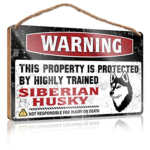 CakJuice Holzdekorschild mit Aufschrift "Warning This Property is Protected by A Highly Trained Sibirian Husky", Holzschild, Herbst-Veranda-Schilder (Größe: 15 x 28 cm) von CakJuice