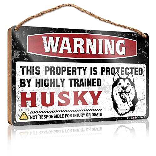 CakJuice Lustiges Holzschild zum Aufhängen für Badezimmer, Aufschrift "Warning This Property is Protected by A Highly Trained Husky" Holzschild für Ehemann, Geschenke aus Holz (Größe: 20 x 30 cm) von CakJuice