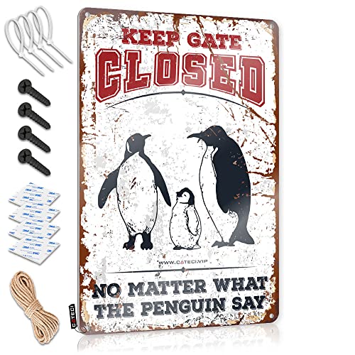 CakJuice Lustiges Warnschild "Keep Gate Closed No Matter What The Penguin Say Blechschild Pool Stuff Bar Rules" Blechschild (Größe: 20 x 30 cm) von CakJuice