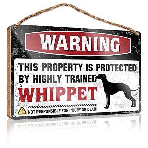 CakJuice Türschild für Zuhause, Aufschrift "Warning This Property is Protected by A Highly Trained Whippet", Holzschild, Jugendzimmer-Dekor, Badezimmerschild (Größe: 15 x 28 cm) von CakJuice