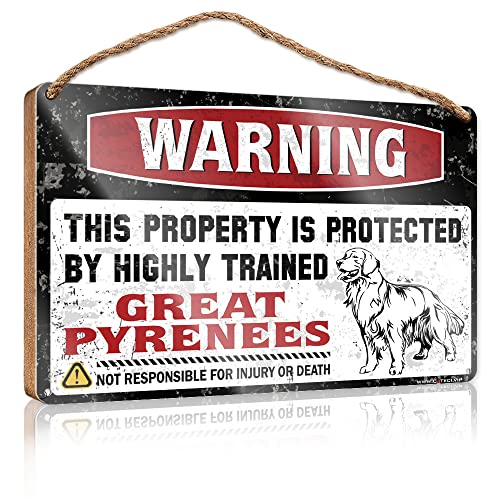 Holzdekorschild mit Aufschrift "Warning This Property Is Protected By A Highly Trained Great Pyrenäene", Holzschild, Herbst-Veranda-Schilder (Größe: 15 x 28 cm) von CakJuice