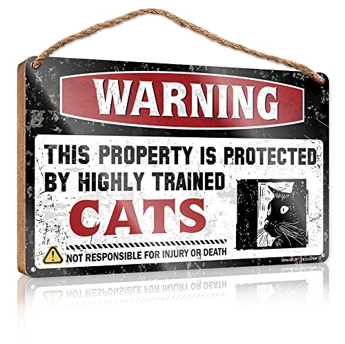 Holzschild mit Aufschrift "Warning This Property Is Protected By A Highly Trained Cat", Sommerdekoration, hängende Dekoration, Tür (Größe: 20 x 30 cm) von CakJuice
