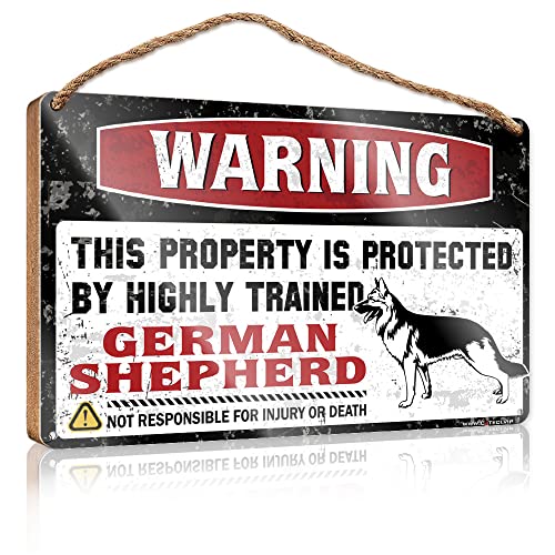 Holzschild zum Aufhängen an der Tür mit Warnung vor diesem Grundstück wird von einem hochtrainierten Deutschen Schäferhund geschützt, Sommer Holzschild zum Aufhängen in Holz (Gr von CakJuice