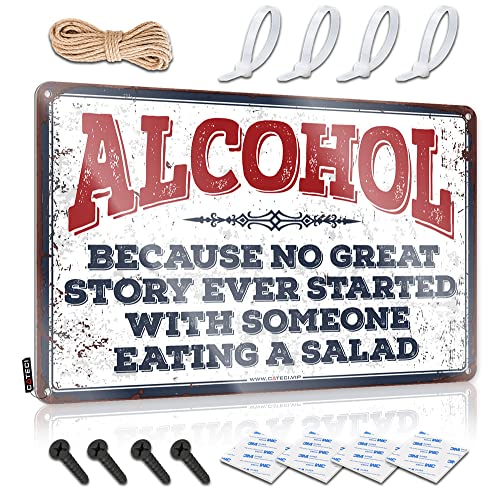 Lustiges Blechschild mit Aufschrift "Beer Alcohol Free Drinks", "Because No Great Story Ever Started with Someone Eating A Salat", Metallschild, Dekoration, Vintage-Stil, Größe: 20 x 30 cm) von CakJuice