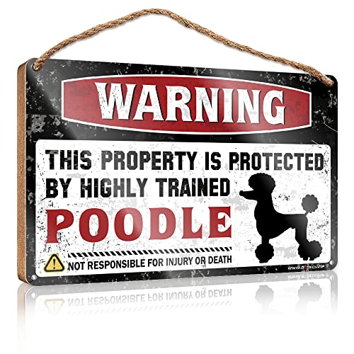 Lustiges Holzschild zum Aufhängen für Badezimmer, Aufschrift "Warning This Property Is Protected By A Highly Trained Poodle Wooden Sign Husband Gifts Wooden Hanging Wall Sign (Size : 20X30CM) von CakJuice