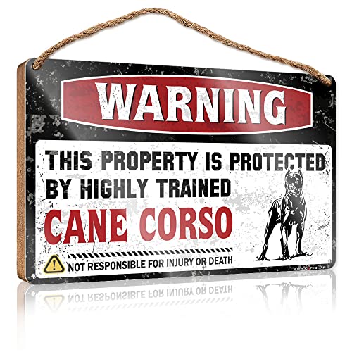 Lustiges Wandschild mit der Aufschrift "Warning This Property is Protected by A Highly Trained Cane Corso", Holzschild, Wanddekoration, Badezimmer-Wandkunst (Größe: 20 x 30 cm) von CakJuice