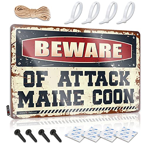 Schild Dekor Beware of Attack Maine Coon Blechschild Metallschilder für Garage Mann Höhle Hippie Dekor (Größe: 30 x 40 cm) von CakJuice