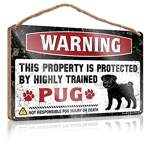 Warning This Property Is Protected By A highly Trained Mops Schild aus Holz zum Aufhängen als Wanddekoration (Größe 20 x 30 cm) von CakJuice