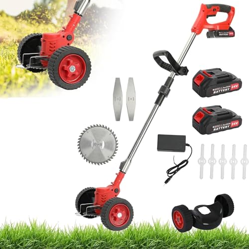 Akku Rasentrimmer,24V 2000mAh Kabelloser Kantenschneider mit 2 Batterien und 1 Ladegerät 8 Klingen,Garten Rasenschneider mit abnehmbaren Rädern,3 in 1 Teleskop Freischneider,Leichter Rasentrimmer von Calager