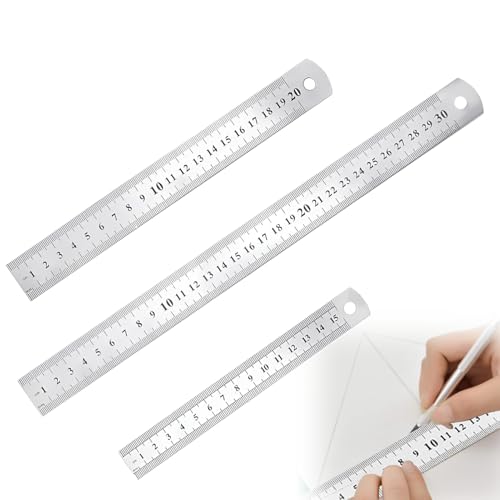 3 Stück Metall Lineal Edelstahl Lineal 15cm/20cm/30cm Doppelseitiges Abgestuftes Lineal（Metrisch/Zoll）Gerader Rand Lineal Metall Messwerkzeug Lineal Set für Engineering Lehre Zeichnungen Büro Schule von Caldamn
