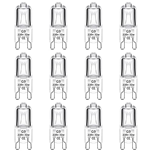 12 Stück Halogen G9 Leuchtmittel 33W 230V, 2700K Warmweiß 460lm, Klar Kapselbirne Dimmbar, Steckbirnen für Backofenlampe, Leuchter, Stehlampe von Caldarax