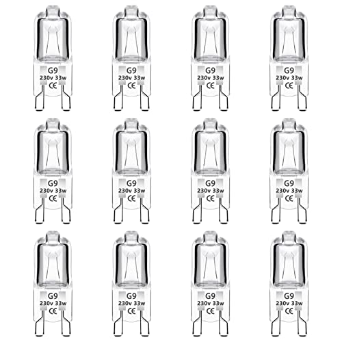 Caldarax 12 Stück Halogen Leuchtmittel G9 33W 230V, 2700K Warmweiß 460lm, Klar G9 Kapselbirne Dimmbar, G9 Steckbirnen für Backofenlampe, Leuchter, Stehlampe von Caldarax