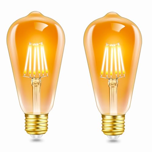 2 Stück E27 LED 6W Edison Vintage Glühbirne 230V, ST64 Vintage Licht Bernstein Glas, Ersetzt 60W Glühlampen, Warmweiß 2200K, 600LM, Nicht Dimmbar, Nostalgische Dekoration für Zuhause, Café, Bar von Caldarax